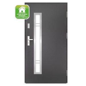 Nowoczesne, szare drzwi zewnętrzne z wąskim, pionowym przeszkleniem.