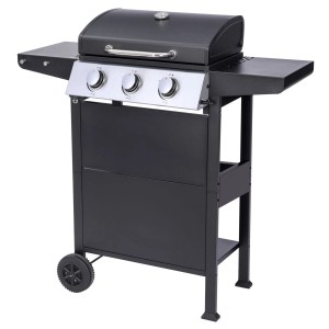 Czarny grill gazowy z trzema palnikami i półkami bocznymi.
