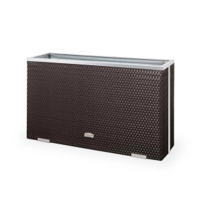 Prostokątna, brązowa donica t.b.t. z srebrnym obramowaniem.