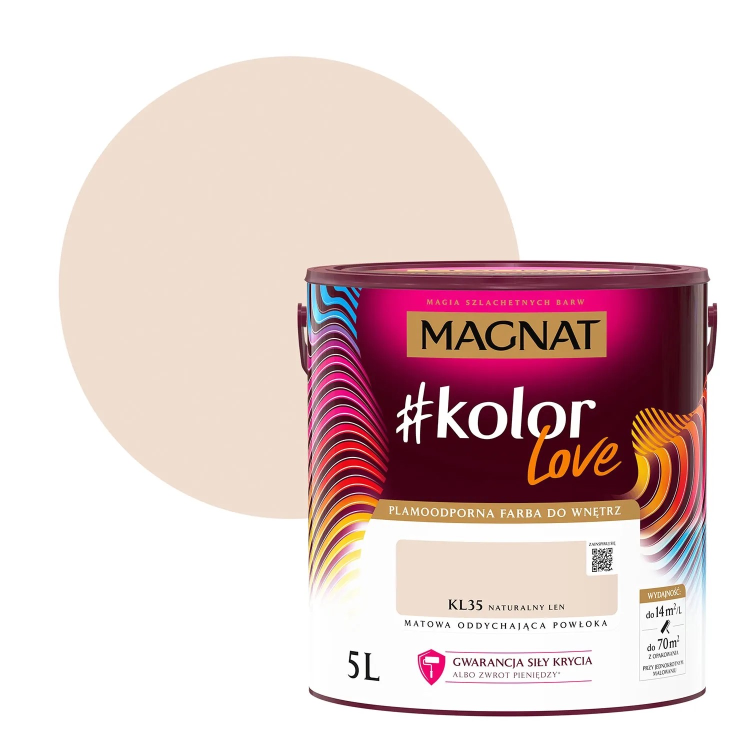 5L puszka farby do ścian t.b.t. w jasnobeżowym kolorze z próbką koloru.