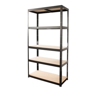 Czarny regał t.b.t. z pięcioma drewnianymi półkami do przechowywania i piwnicy.