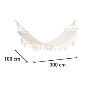 Kremowy hamak z frędzlami, wymiary 100 x 300 cm, do relaksu w ogrodzie.