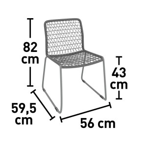 Wymiary krzesła ogrodowego t.b.t.: Wysokość 82 cm, wysokość siedziska 43 cm, szerokość 59,5 cm, głębokość 56 cm.