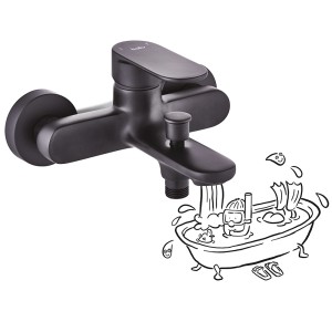 Czarna bateria wannowa t.b.t. ze stylizowaną ilustracją wanny.