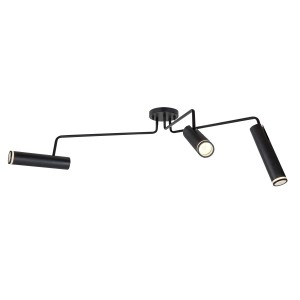 Czarna lampa sufitowa t.b.t. z trzema cylindrycznymi reflektorami.