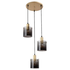Nowoczesna lampa wisząca t.b.t. z trzema szklanymi kloszami w kolorze szarości i złotymi akcentami.