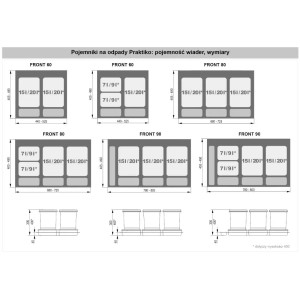 Szkic systemów segregacji odpadów kuchennych t.b.t z wymiarami dla różnych szerokości frontów.