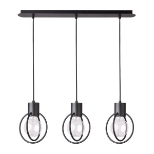 Czarna lampa wisząca t.b.t. z trzema żarówkami i okrągłym designem.