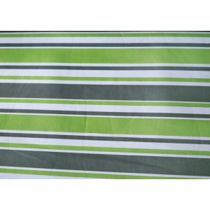 Próbka tkaniny do huśtawki ogrodowej t.b.t. z zielonymi, szarymi i białymi paskami.