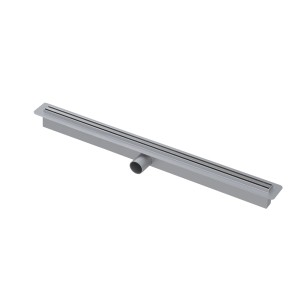 Szary odpływ liniowy t.b.t. ze stali nierdzewnej do kabin typu walk-in.