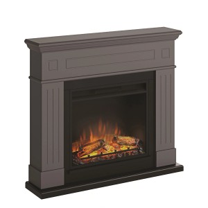 Kominek elektryczny t.b.t. z symulacją ognia i polanami w szarej ramie.