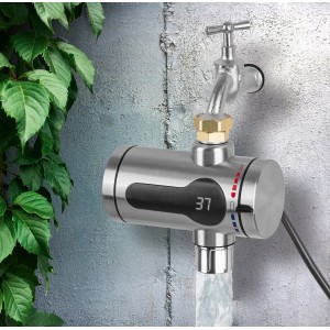 Przepływowy podgrzewacz wody Maxxmee ze stali nierdzewnej 3600W z cyfrowym wyświetlaczem temperatury na kranie.