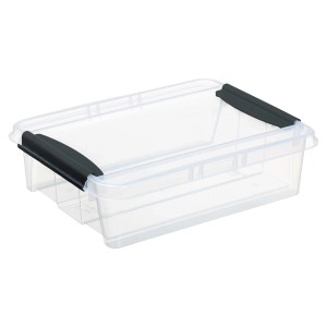 Przezroczysty pojemnik do przechowywania t.b.t. z czarnymi zamknięciami.