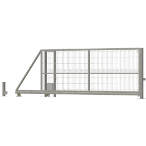 Szara brama przesuwna t.b.t. do paneli i ogrodzeń, widok z boku.