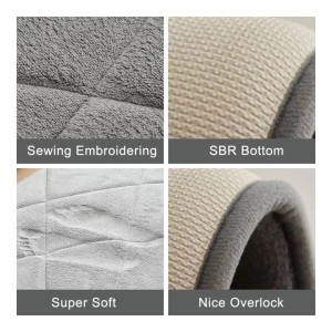 Zbliżenie dywanika łazienkowego: Szycie haftu, spód SBR, super miękki, ładny overlock.