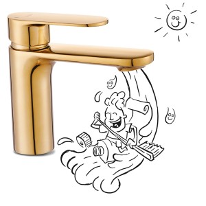 Złota bateria umywalkowa z komiksową ilustracją osoby sprzątającej w strumieniu wody.