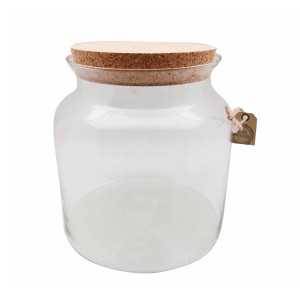Szkło w szkle: Przezroczysty szklany słoik z korkową pokrywką, idealny do dekoracji lub jako słoik do przechowywania.