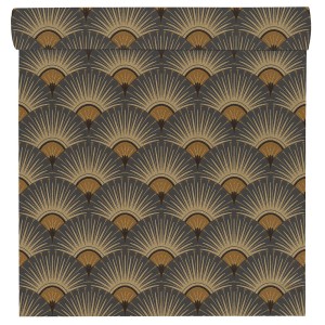 Tapeta dekoracyjna we wzór wachlarza w kolorze szarym, beżowym i brązowym.