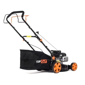 Kosiarka spalinowa Top Cut z koszem, czarna obudowa, pomarańczowe koła.