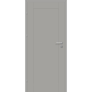Szare drzwi wewnętrzne o prostym designie i srebrnej klamce.