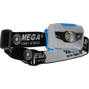 Szara latarka czołowa z niebieskim akcentem i regulowaną czarną opaską.