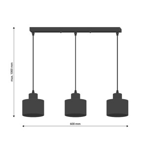 Czarna lampa wisząca t.b.t. z trzema kloszami, wymiary: 600 x 1000 mm.
