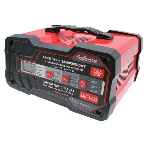 Czerwony prostownik samochodowy CarCommerce do akumulatorów 12V/24V.