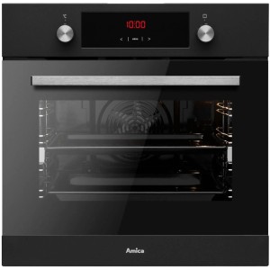 Czarny piekarnik do zabudowy Amica z wyświetlaczem cyfrowym i uchwytem ze stali nierdzewnej.