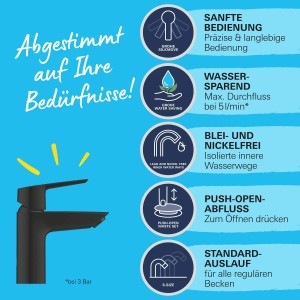 Bateria umywalkowa Grohe QuickFix Start S-Size Czarna z funkcją oszczędzania wody i zestawem odpływowym push-open.