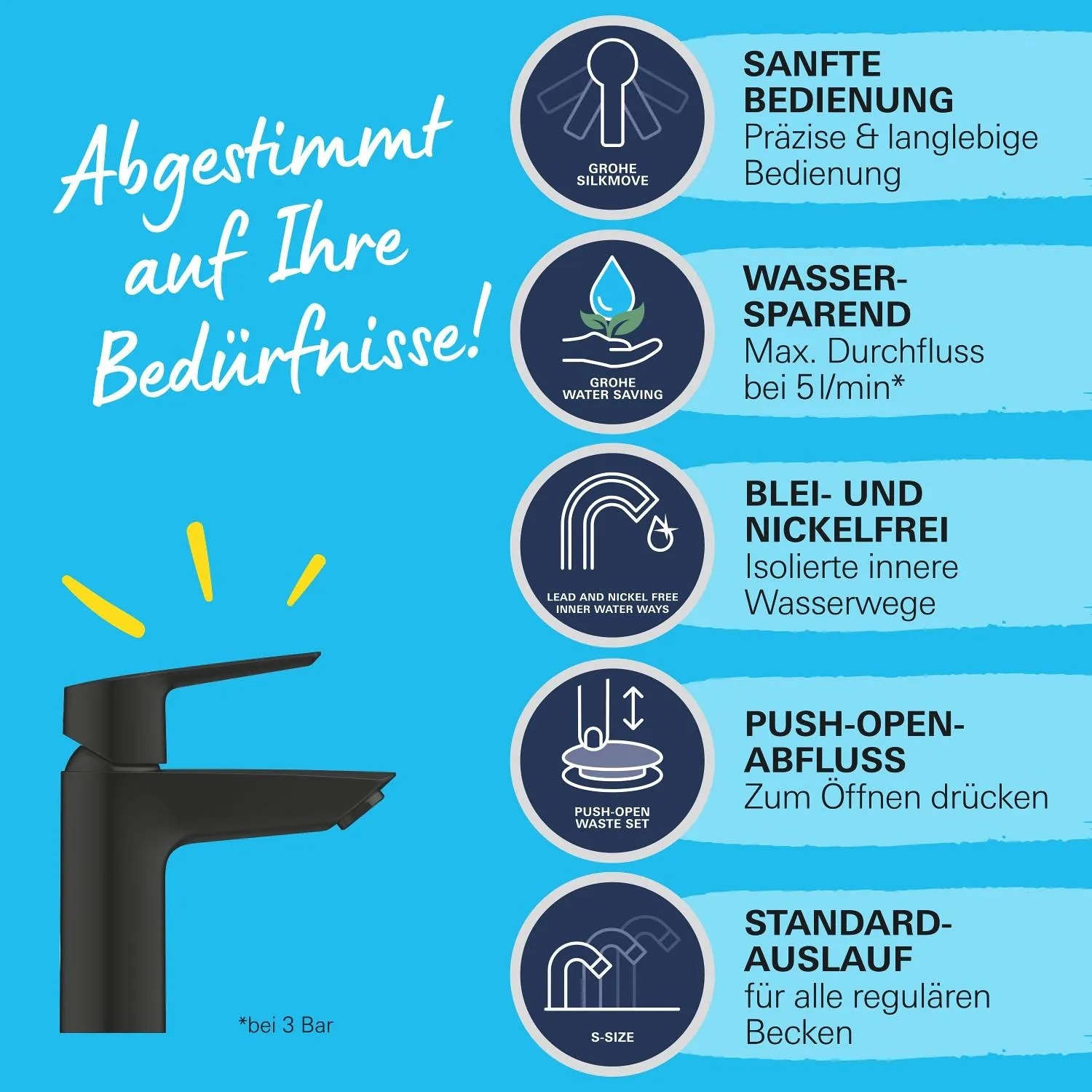 Bateria umywalkowa Grohe QuickFix Start S-Size Czarna z funkcją oszczędzania wody i zestawem odpływowym push-open.