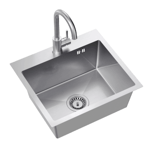 Zlewozmywak ze stali nierdzewnej t.b.t. z baterią i armaturą odpływową.