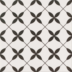 Płytka podłogowa t.b.t. z kwiatowym wzorem w kolorze czarno-białym.