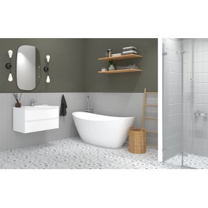 Nowoczesny zestaw łazienkowy z umywalką, wanną i prysznicem.