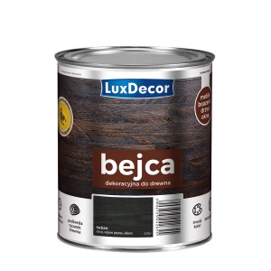 Ciemna bejca do drewna LuxDecor w metalowym wiadrze. Nadaje się do mebli, drzwi i okien.