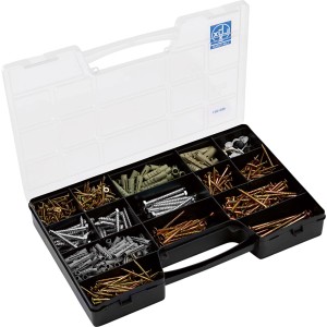 Zestaw wkrętów do drewna LUX, 620 elementów ze śrubami, kołkami i zaślepkami w skrzynce.