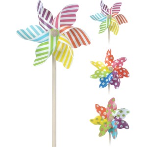 Wiatrak, 47 cm, 3 wzory: Dekoracja ogrodowa z kolorowymi paskami, kropkami i kwiatami.