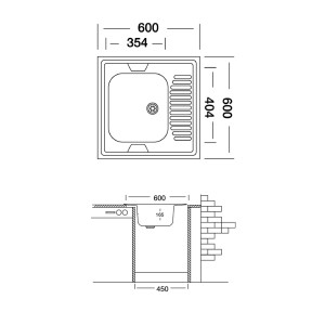 Rysunek techniczny: Zlewozmywak ze stali nierdzewnej t.b.t. z wymiarami i widokiem instalacji.
