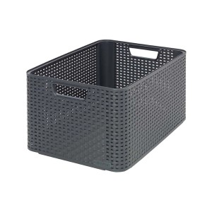 Szary pojemnik do przechowywania t.b.t. z plecionym wzorem i uchwytami.