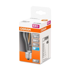 Żarówka LED E27 OSRAM w opakowaniu. Żarówka LED o mocy 60W, 806 lumenów i żywotności 15 lat.