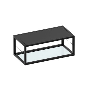 Czarny system przechowywania kuchennego ze szklaną półką.