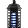 Czarna lampa owadobójcza w stylu latarni z niebieskim światłem.
