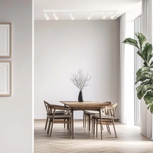 Biała listwa oświetleniowa t.b.t. z sześcioma reflektorami w nowoczesnej jadalni.