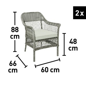 Szczegółowy widok fotela z 3-częściowego zestawu balkonowego Rosetown z polirattanu, pokazane wymiary.