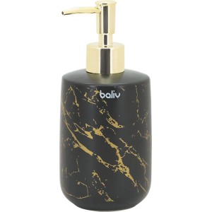 Czarny dozownik do mydła ze złotym wzorem i złotą główką dozującą.