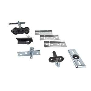 Zestaw akcesoriów t.b.t. do Prowadnice, składający się z rolek, zawiasów i elementów mocujących.