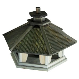 Drewniany karmnik dla ptaków w stylu pagody, szaro-zielona lazura.