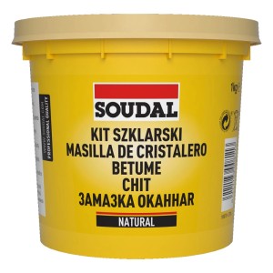 Żółte wiadro kitu szklarskiego Soudal, do drewna, metalu i lakierów.
