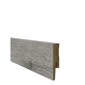 Szara listwa przypodłogowa z teksturą drewna, pasująca do paneli i parkietu.