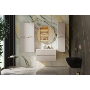 Nowoczesny zestaw łazienkowy z beżową szafką pod umywalkę, szafką lustrzaną i szafką wiszącą.