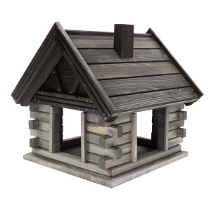 Drewniany karmnik dla ptaków w stylu chaty z bali, szarobrązowy, do ogrodu.